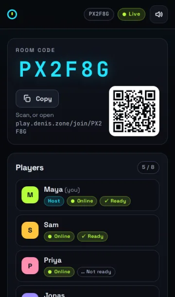 Last One Standing lobby with a room code, QR code and five players